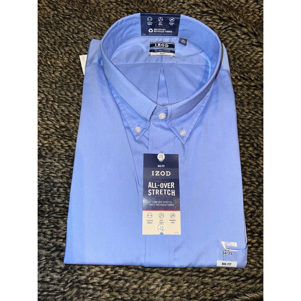 IZOD Dress Shirt Mens 20 34/35 Blue New All-Over Stretch Big Fit Wrinkle-Free